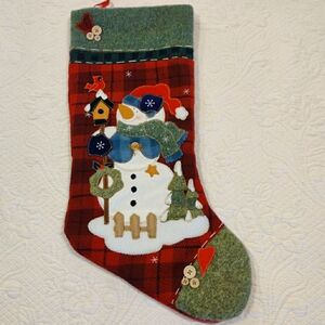 DAN DEE Collectors Choice Christmas Stocking Red Green 3D Snowman Applique Plaid